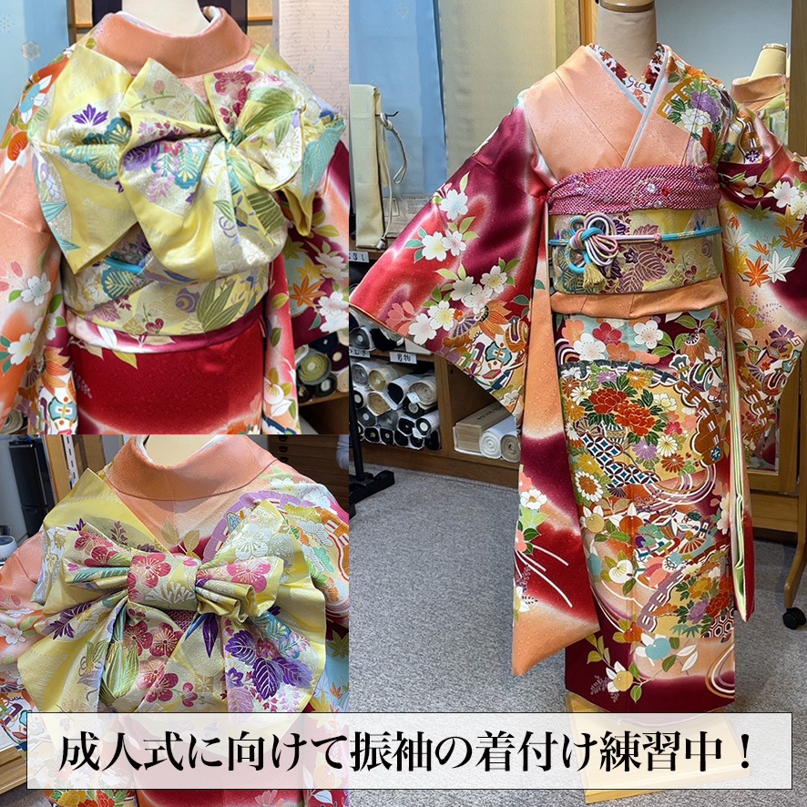 5月2日成人式 東広島市 に向けて振袖帯結び練習中 いと善呉服の着物お役立ちサイト